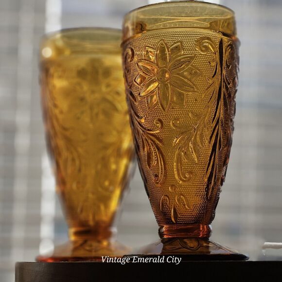 Vtg Indiana Sandwich Tiara Honey Amber Water Juice Glass Goblet Set Of 2 READ - Picture 12 of 14